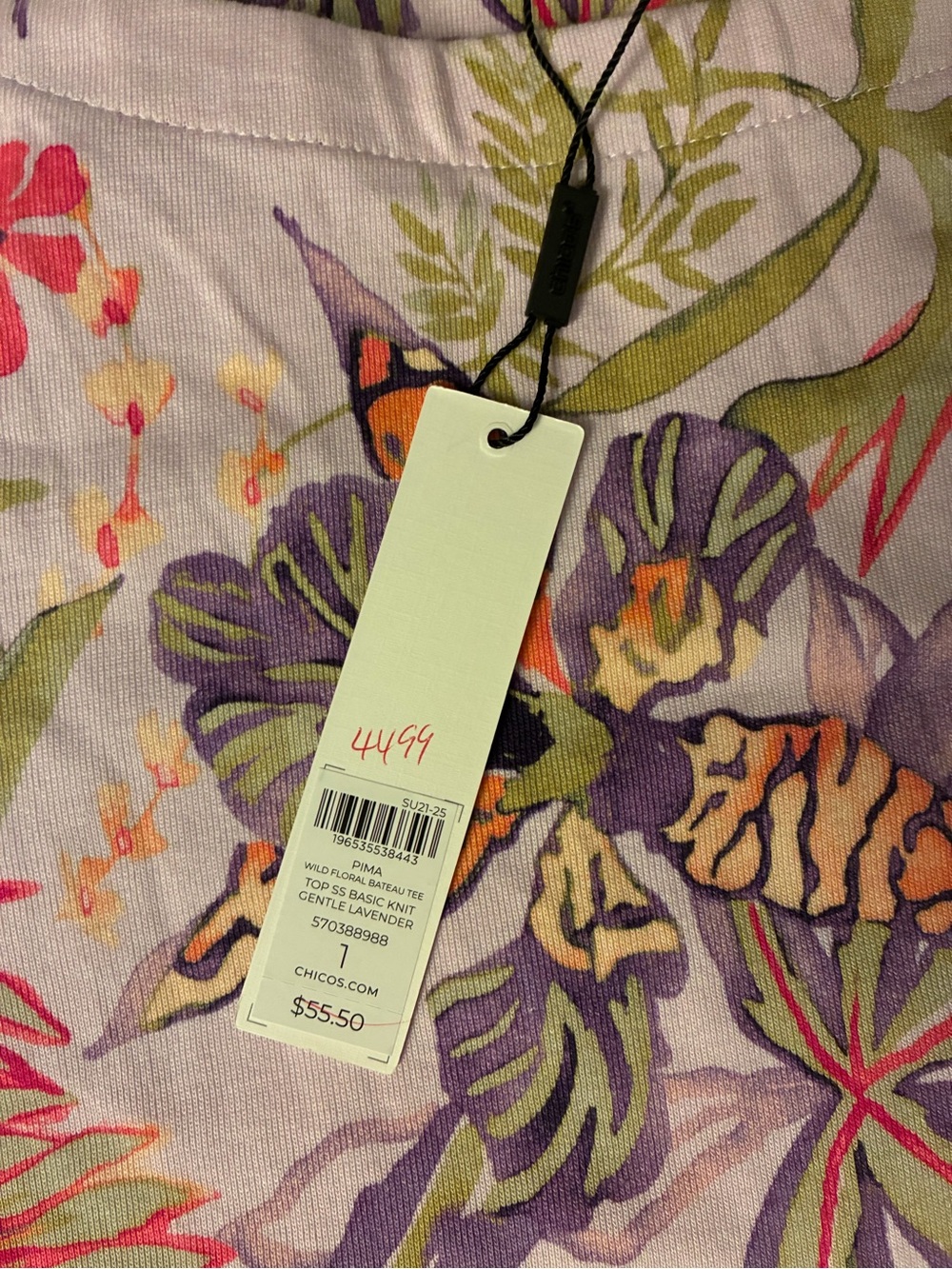 Chico's Lavender Floral Short Sleeve Basic Knit - Gentle Lavender - Picture 2 of 6